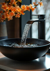 Black round vessel and black matte faucet with flowing water. Modern minimalist bathroom interior design.