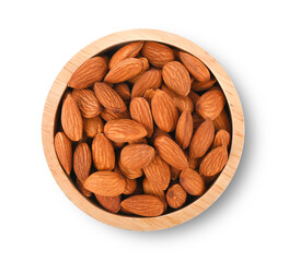 Almonds in wood bowl isolated on white background. top view