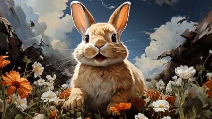  white rabbit, running around, catching butterflies, playing, in the flower garden, blue clouds , Generate AI