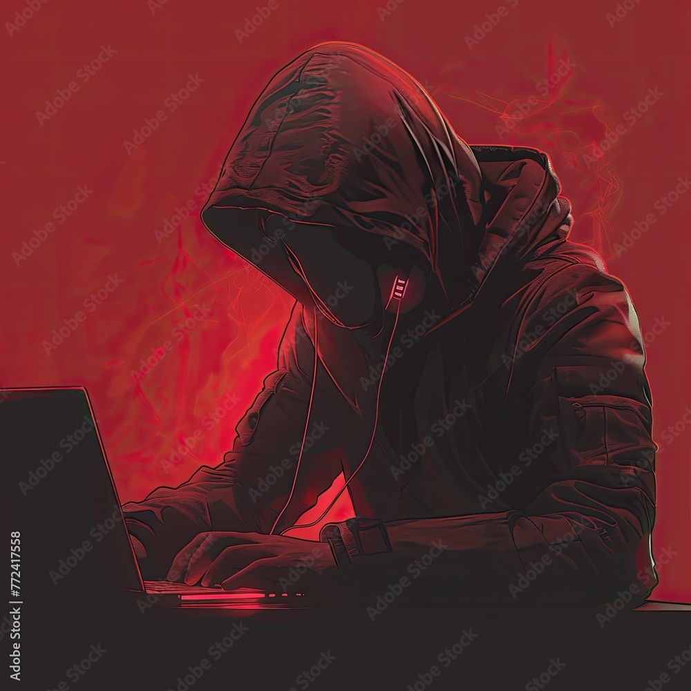 Poster hacker with a hoodie sits in a dark room, typing malicious code on a computer committing cybercrime