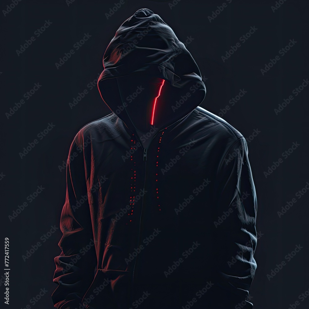 Aufkleber hacker with a hoodie sits in a dark room, typing malicious code on a computer committing cybercrime