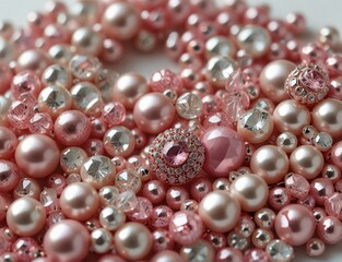 beads, pearls, rhinestones, in a rosy white background