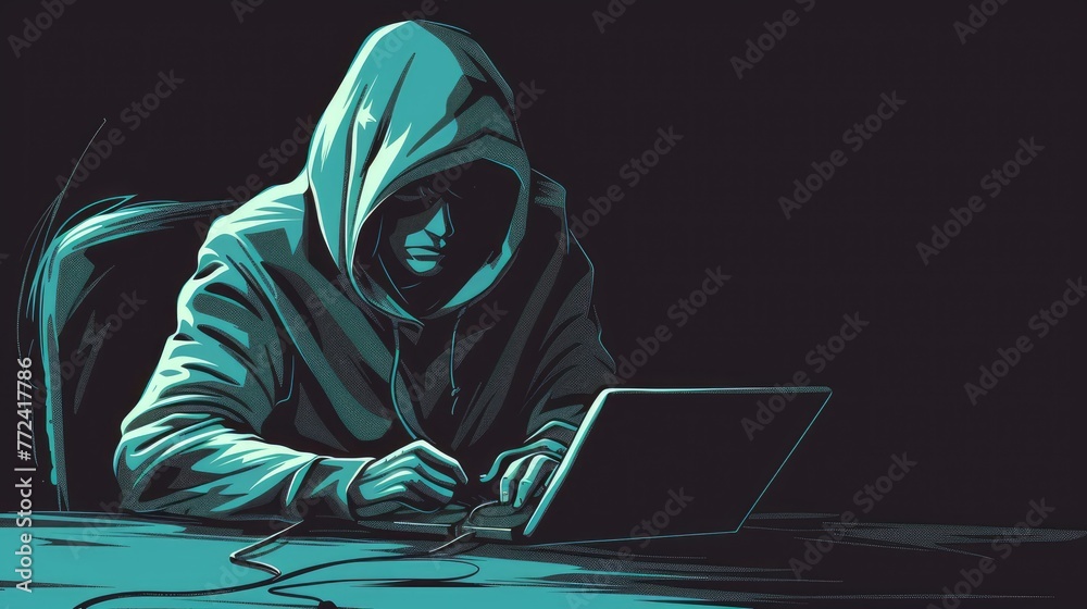 Poster hacker with a hoodie sits in a dark room, typing malicious code on a computer committing cybercrime