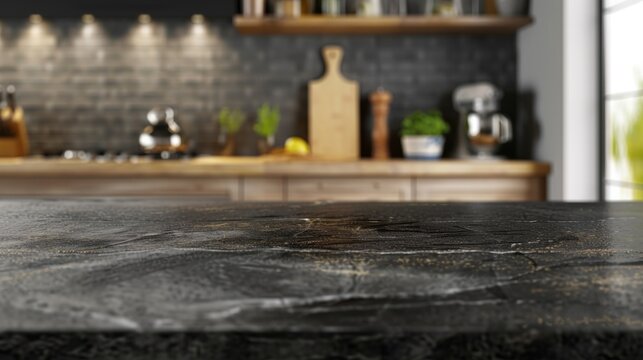 Stone table top with copy space. Cozy kitchen background.