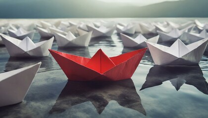 Red paper boat sails ahead of white paper boats which is a symbol of leadership concep