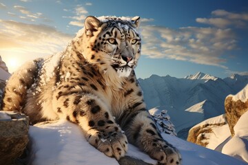 Mysterious Snow leopard. Winter nature cat. Generate Ai