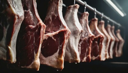 Rows of fresh hung half cow chunks in a large fridge in the meat industry on black background - obrazy, fototapety, plakaty