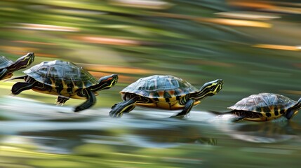 Turtle triumph, a slow-paced race where one overtakes with determination, motion blur enhancing the gradual victory - obrazy, fototapety, plakaty