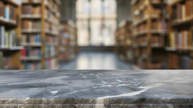 Stone table top with copy space. Library background