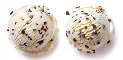 Two scoops of white ice cream with chocolate chips isolated on a transparent background.