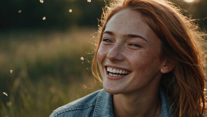 cheerful young woman with freckles, close up