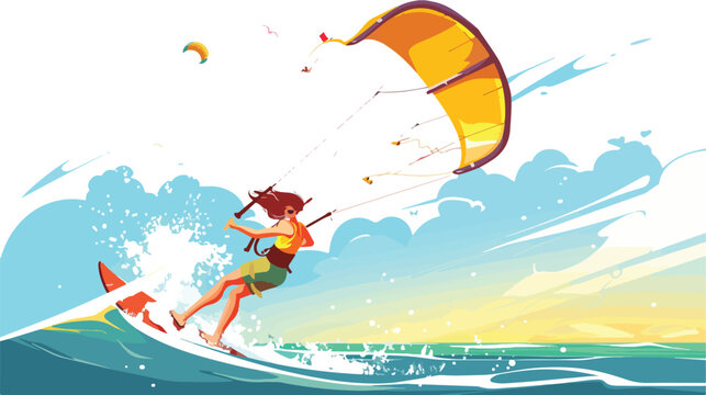 Young woman getting fun with kite surf  vector illustration