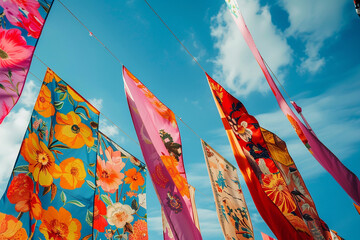 A burst of color as banners adorned with bold floral prints sway gently in the breeze.