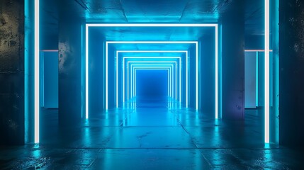Fototapeta premium Squares neon blue light in black hall room
