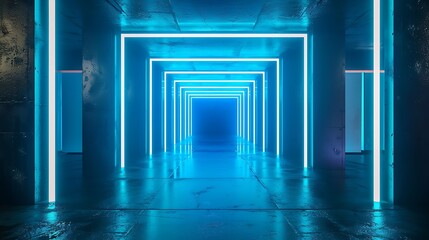 Squares neon blue light in black hall room