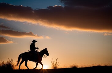 Obraz na płótnie Canvas A cowboy on a horse gallops across the prairie against the backdrop of sunset. Illustration by Generative AI.