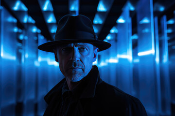 Portrait photo of male wearing black hat and black jacket, in the room with blue neon light background