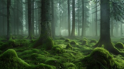 Magical fairytale forest coniferous forest covered of green moss mystic atmosphere