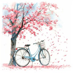 A serene watercolor painting capturing a vintage bicycle under a cherry blossom tree in full bloom.