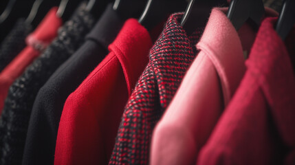 Women's jackets close-up in red and pink colors, hanging on a hanger