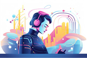 Obraz premium A woman wearing headphones is listening to music. The background is a colorful, abstract design that gives the impression of a futuristic city