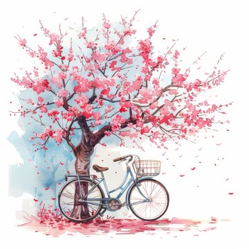Watercolor illustration clipart of a bicycle leaning against a blooming cherry blossom tree, petals fluttering down, isolated on white background.