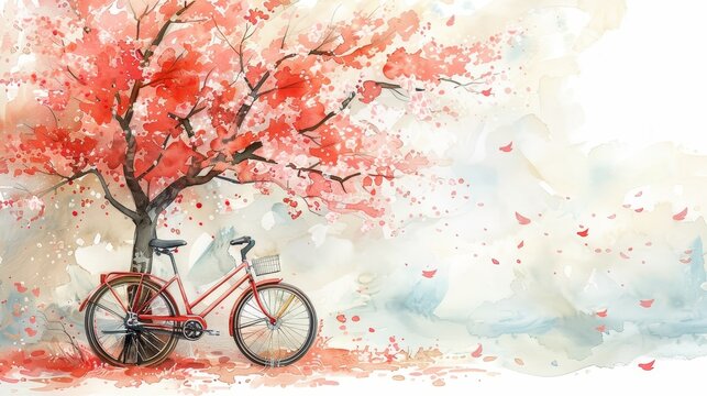 A charming watercolor painting features a blossoming cherry tree and a bicycle leaning against a blooming cherry blossom tree, isolated on white background