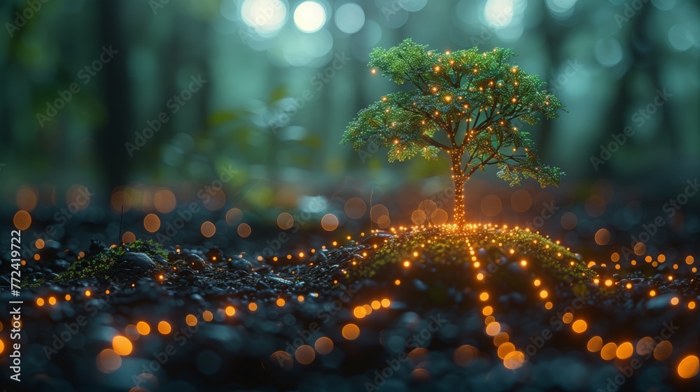 Aufkleber enchanted sapling glowing with bioluminescence in a twilight forest