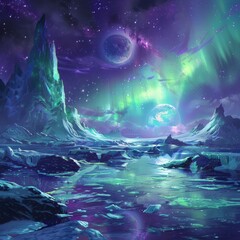 Fototapeta na wymiar Frozen seascape with aurora, sci-fi elements, neon green and purple theme