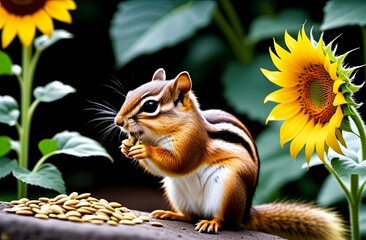 A chipmunk gnaws sunflower seeds against the backdrop of a sunflower. Illustration by Generative AI.