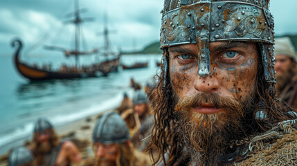 16:9 photo of Viking warriors traveled by boat to the coast to attack England and other kingdoms.	 - obrazy, fototapety, plakaty