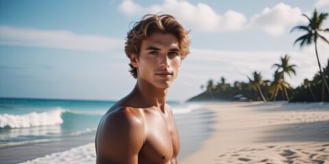 Portrait of a handsome young man on a tropical beach. Illustration by Generative AI.