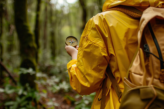 A teenager with a yellow raincoat and backpack using a compass to orient himself in the forest. Outdoors, adventure and travel concept.