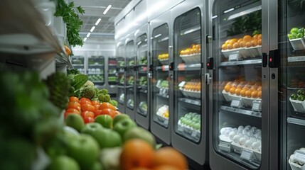Abundant Fresh Produce in Busy Grocery Store - obrazy, fototapety, plakaty
