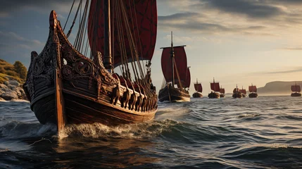 Zelfklevend Fotobehang 16:9 photo of Viking defenders used sailboats as transportation to attack England and travel to America © jkjeffrey