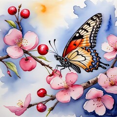 Beautiful butterfly on a flowering branch of a fruit tree. Watercolor illustration by Generative AI.