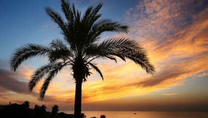 Fototapeta na wymiar Palm tree outlines against sunset sky 