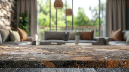 Stone table top with copy space. Living room background.