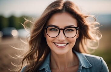 Portrait of a beautiful, joyful woman in glasses against a background of nature. Illustration by Generative AI.