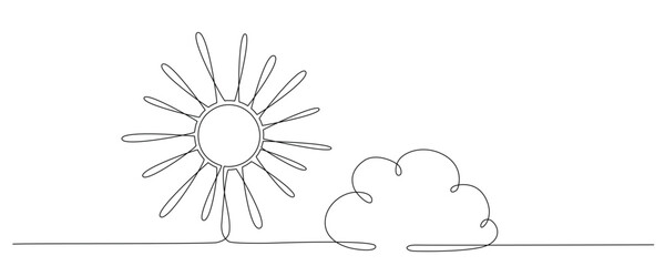 Sun and cloud - hand drawing one single continuous line banner. Vector stock illustration isolated on white background for design template weather forecast, travel blog. Editable stroke. 