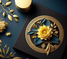 Gift box and casket decorated with voluminous flowers. Illustration by Generative AI.