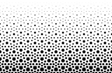 Geometric pattern of black stars on a white background.Seamless in one direction.Average fade out.The scale transformation method.