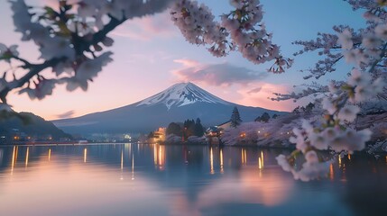 Mount fuji at Lake kawaguchiko with cherry blossom in yamanashi - obrazy, fototapety, plakaty
