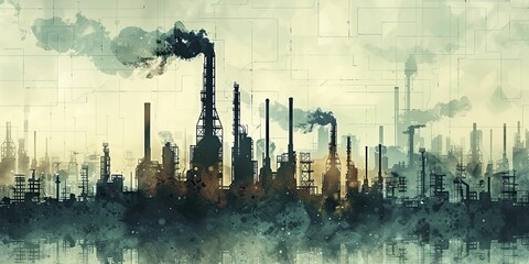 Clean graphic of an industrial skyline with a financial growth shadow, on an economic impact background, concept for the shadow effect of industry on economy.