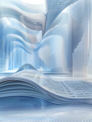 A modern ledger book unveils a 3D industrial scene against a financial backdrop, emphasizing depth in industry analysis.