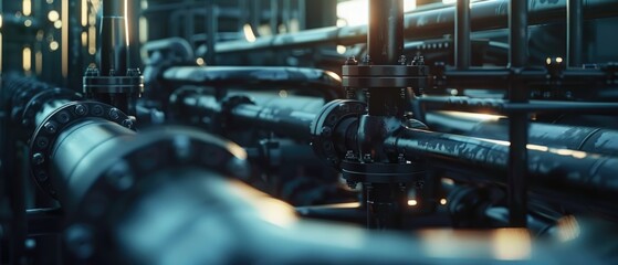 Moody shadows play on scifi refinery piping, detailed closeup view