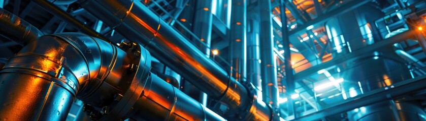 Closeup of scifi refinery pipes, entangled in a moody lighting aura