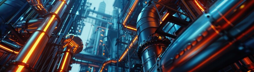 Closeup of scifi refinery pipes, entangled in a moody lighting aura - obrazy, fototapety, plakaty