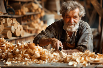 Woodworker in his workshop, occupation, manufacturing, indoors, skill