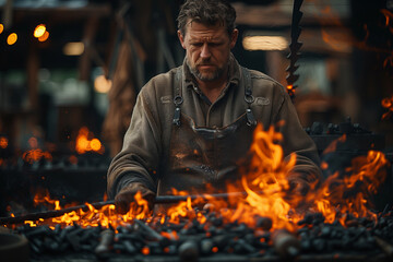 Blacksmith working on piece of metal, adult, one person, occupation, workshop - obrazy, fototapety, plakaty